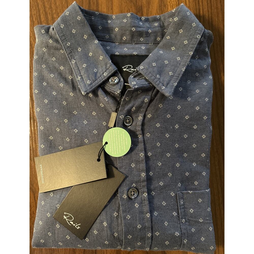 NWT Rails Carson Linen Blend Geometric Print Shirt Diamond AOP Mens Small Blue